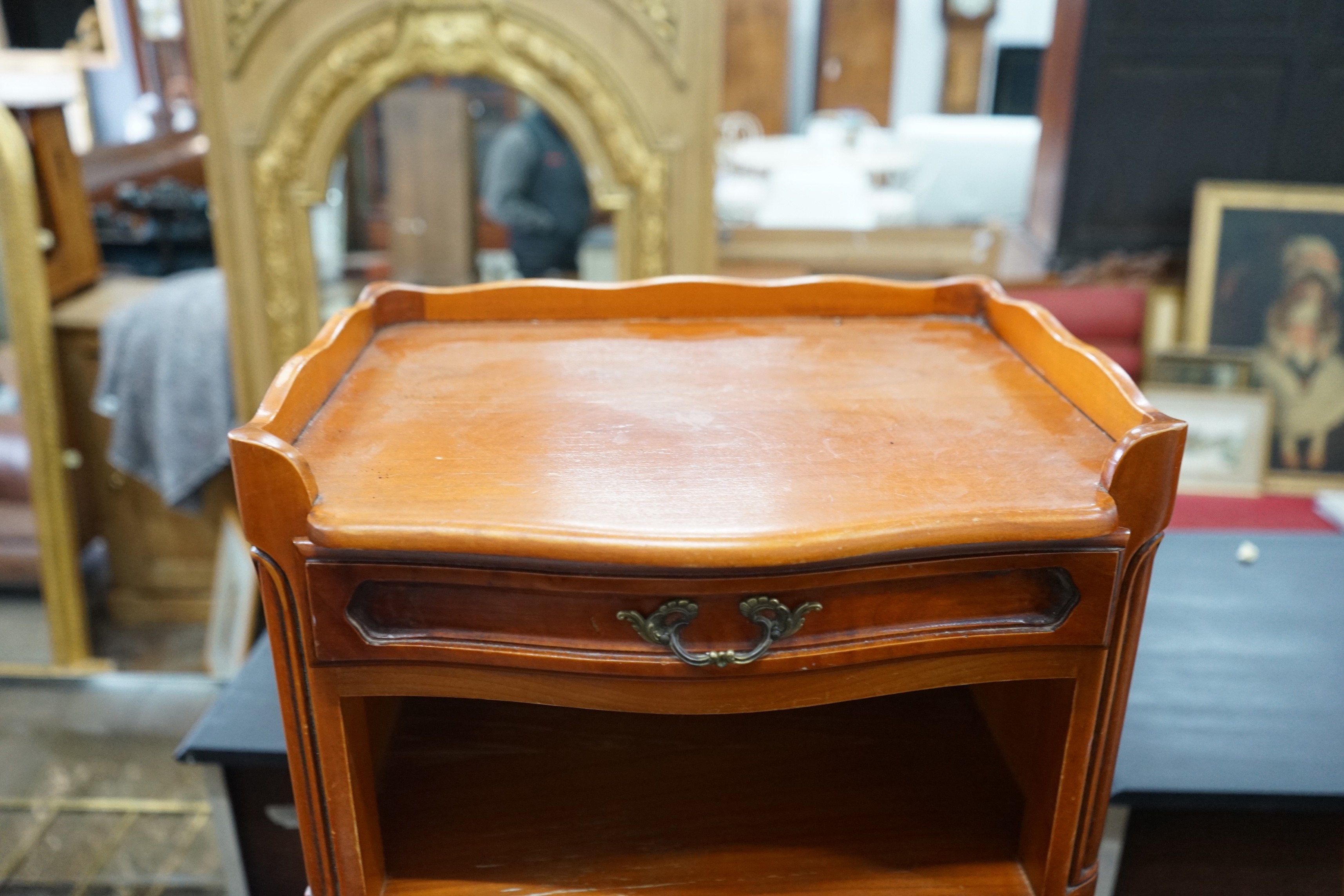 A pair of Louis XV style beech and cherry bedside tables, width 39cm, depth 30cm, height 69cm